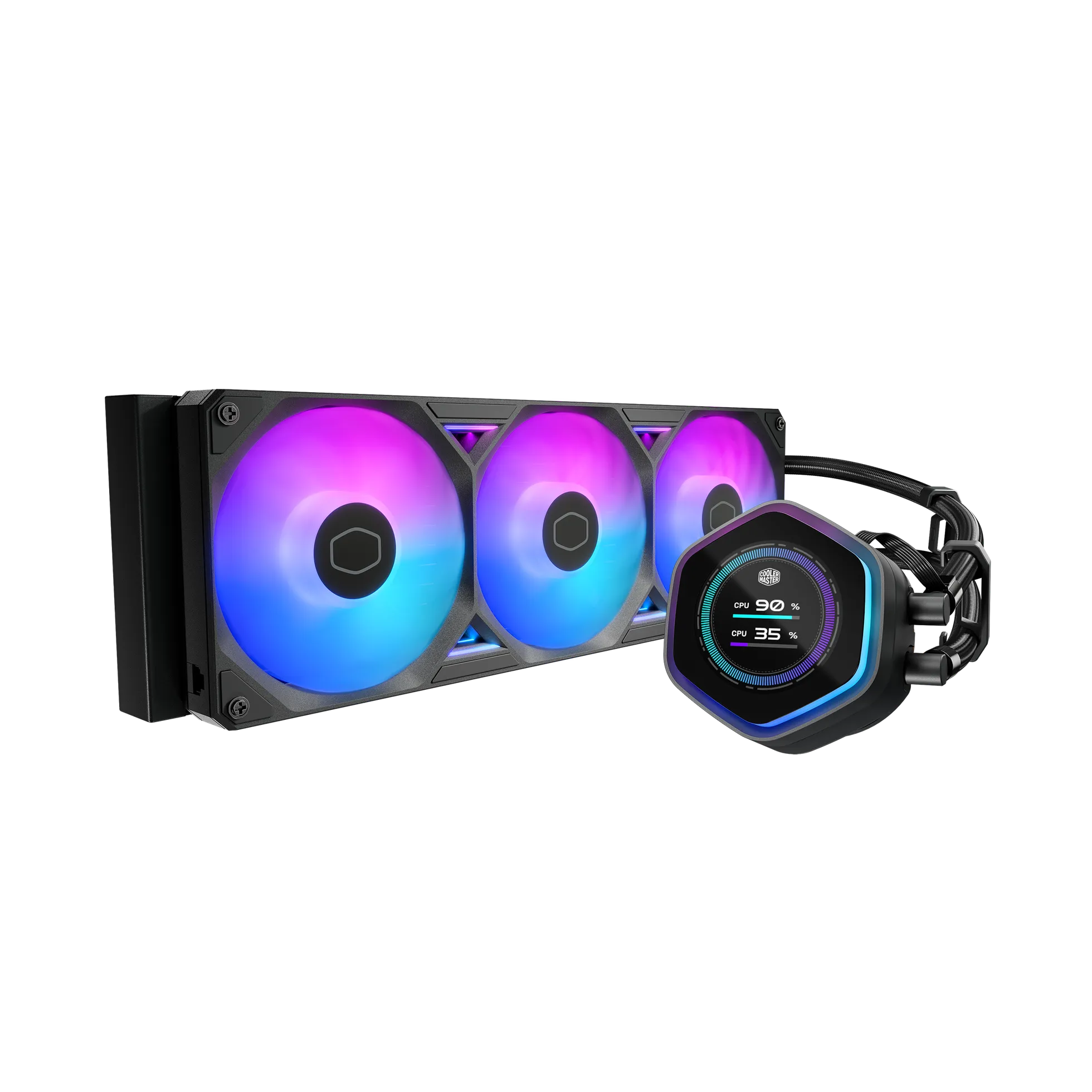 Cooler Master Atmos II;360mm Radiator; Fits all AMD and Intel sockets; VRM fan module; 3 x120mm Sickleflow edge ARGB fans; Black