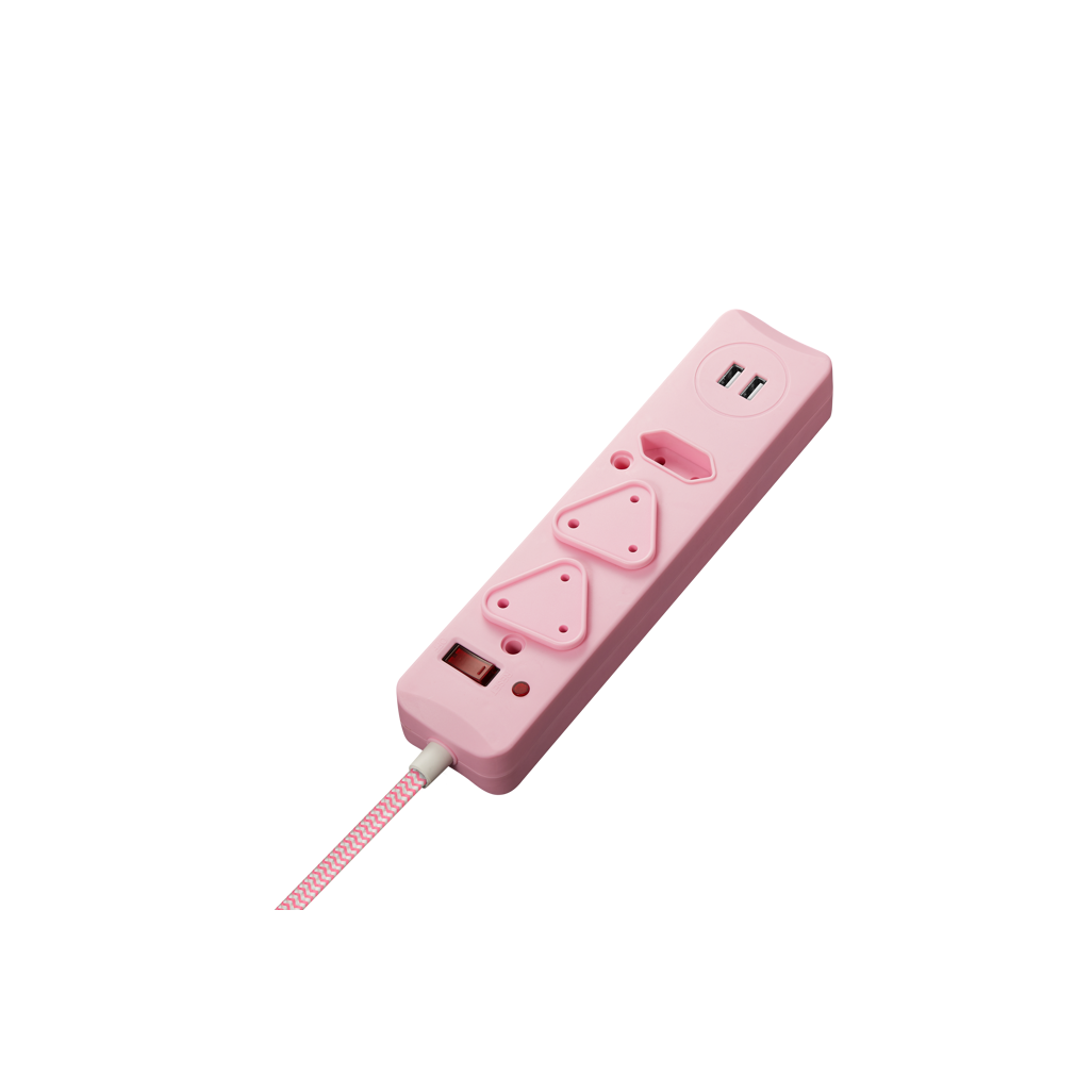 Switched 3-Way Surge-Protected Multiplug with Dual 2.4a USB Ports 3m Braided Cord - Pink