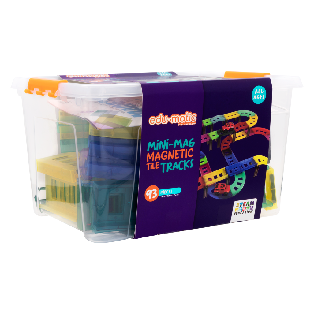 Edu-matic Mini-Mag Magnetic Tile Tracks with 2 cars and 93 pieces
