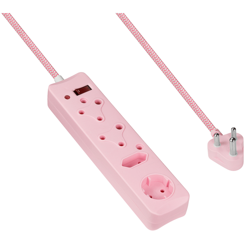 Switched 4-Way Surge-Protected Multiplug - 3m Braided Cord - Pink
