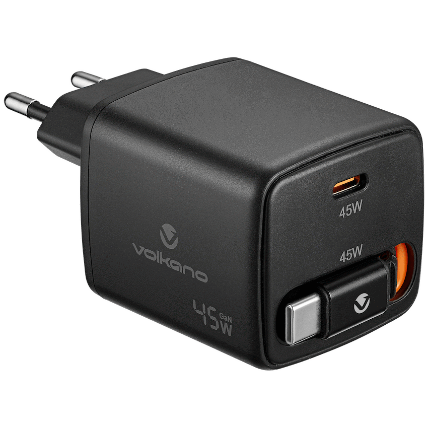 Volkano Sleek Series Fast Wall Charger 45W USB-C with Built-in Retractable 75cm Cable - Black