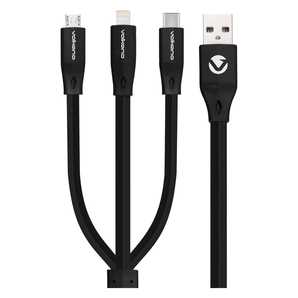 Volkano Slim Series Flat PVC 3-in-1 (Type-C / Lightning / Micro) Cable 1m - Black