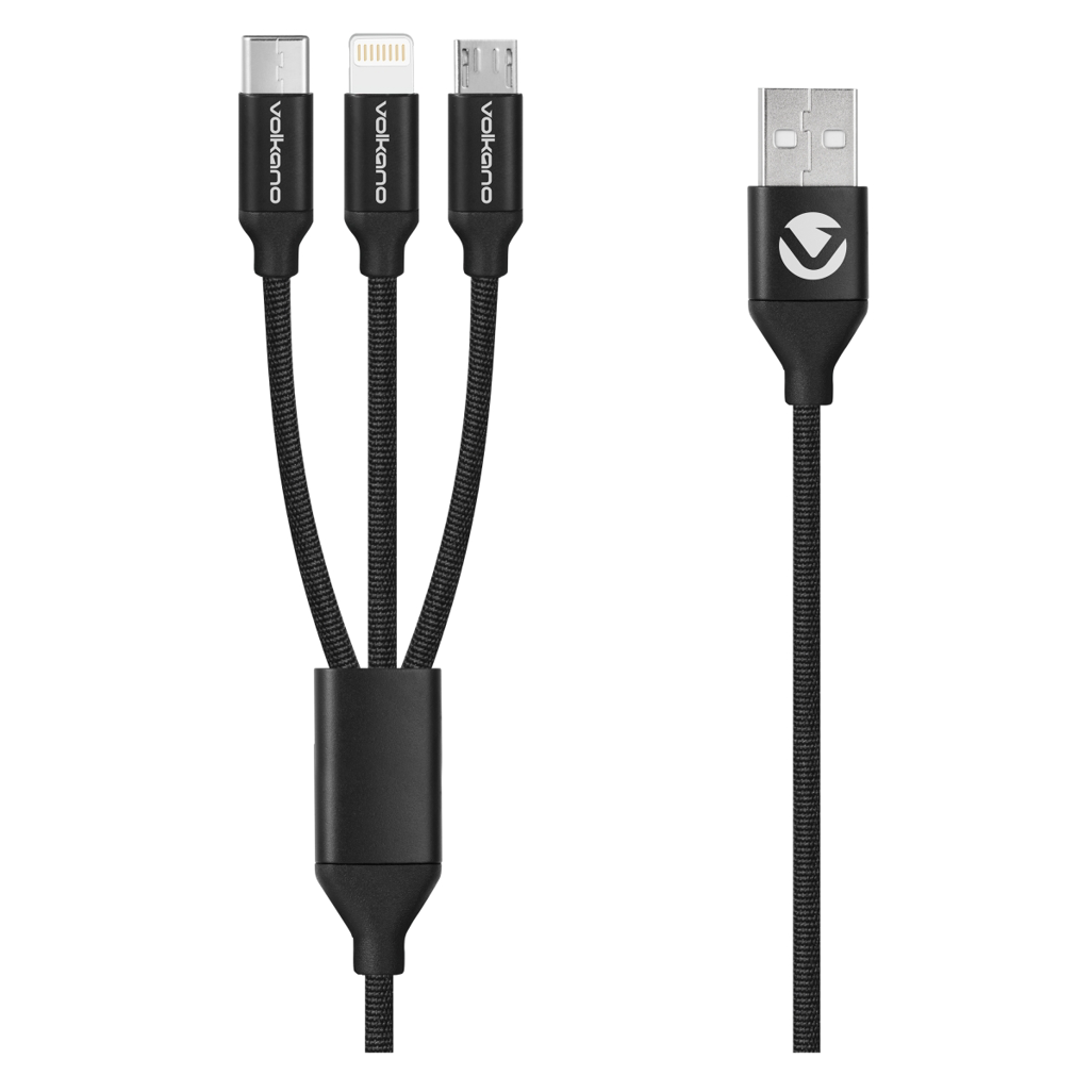 Volkano Weave Series Fabric Braided 3-in-1 (Type-C/Lightning/Micro) Cable 1m - Black