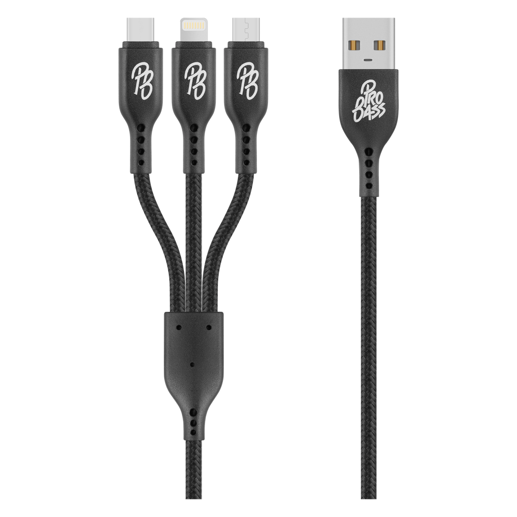 Pro Bass Braided 3-in-1 Charge Cable 1m - Black