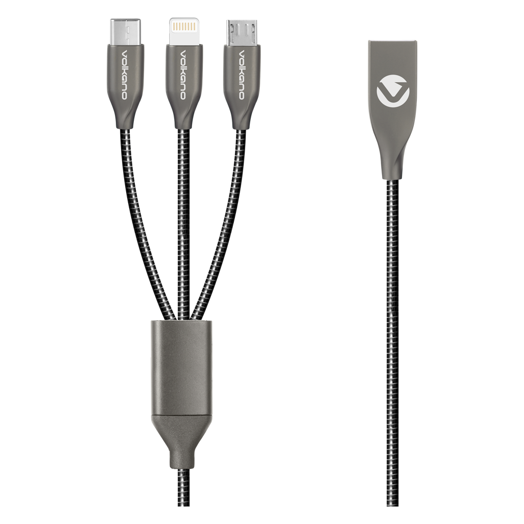 Volkano Iron Series Round Metallic Spring 3-in-1 (Type-C/Lightning/Micro) Cable 1m - Black