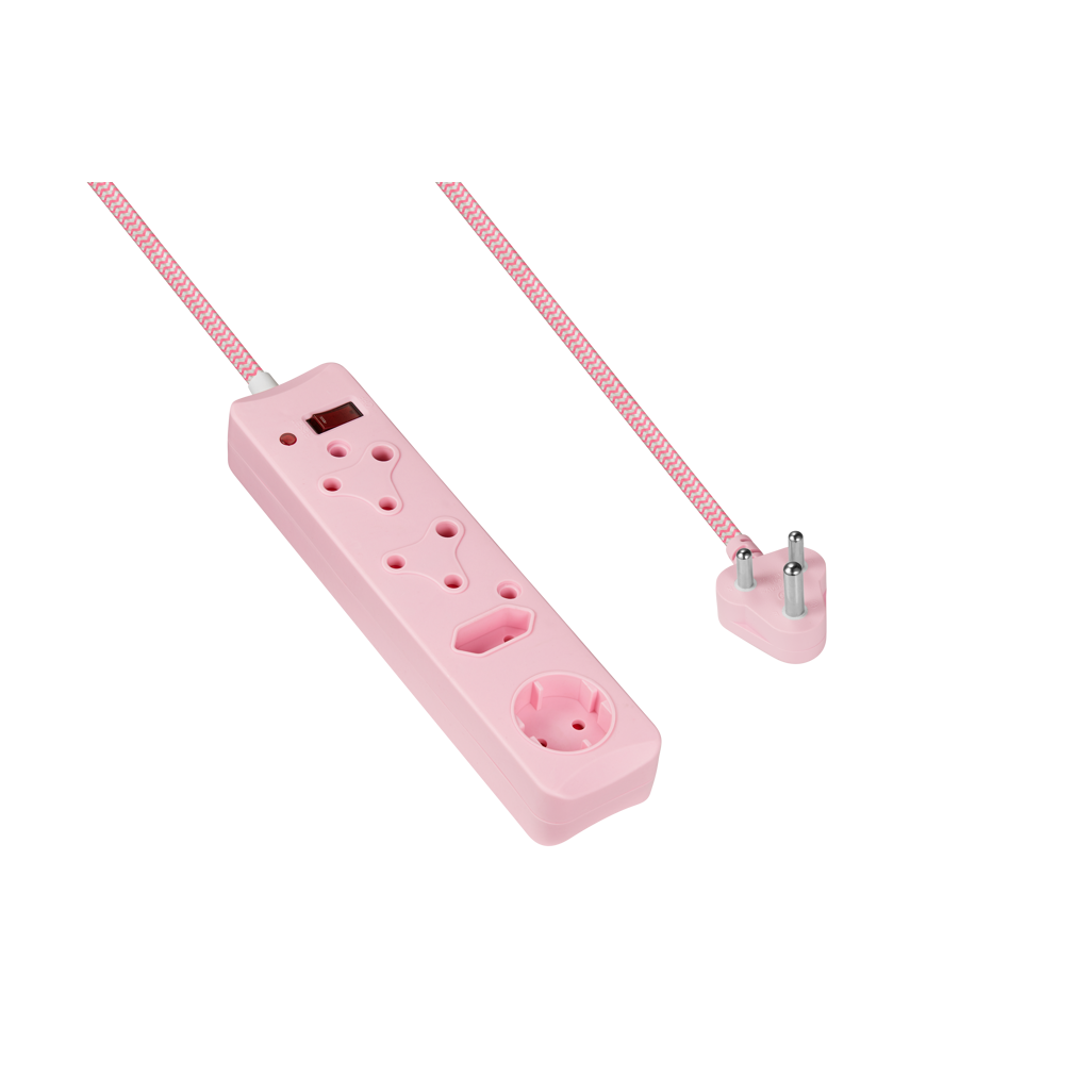 Switched 4-Way Surge-Protected Multiplug - 3m Braided Cord - Pink