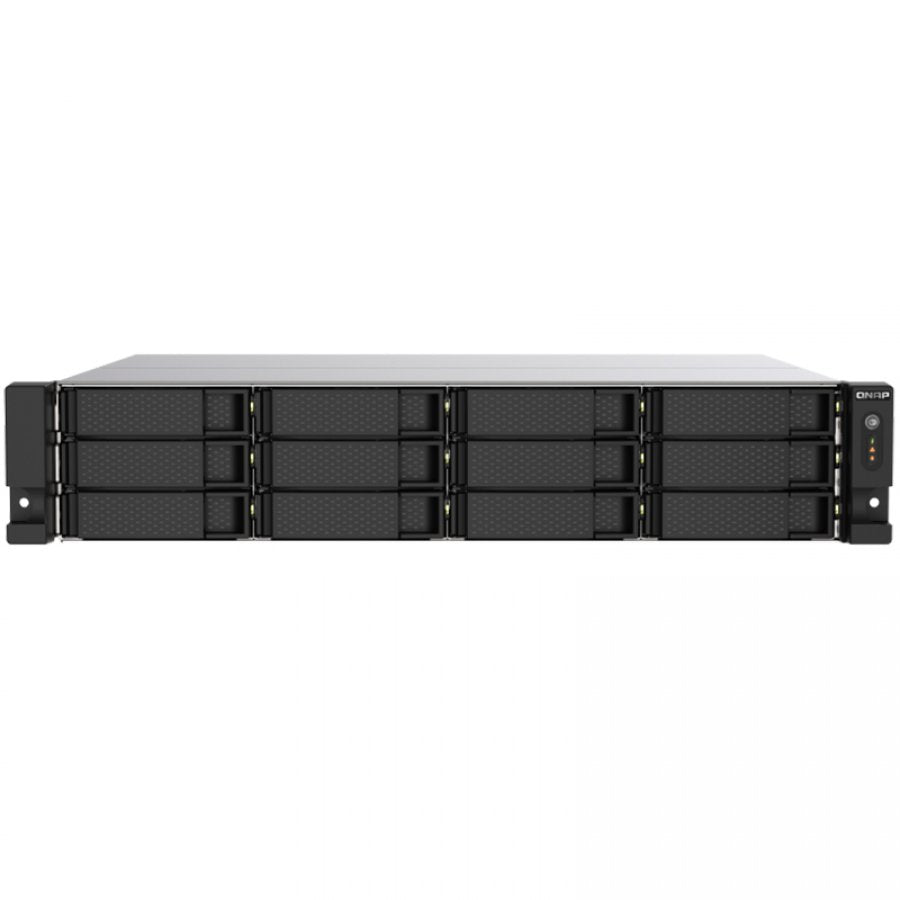 QNAP 12-Bay 12-bay rackmount NAS, AMD Ryzen V1000 series V1500B 4C/8T 2.2GHz, 8GB DDR4 RAM 10GbE & M.2 NVMe/SATA SSD USB 3.2 Gen2 Type-C & Type-A, 2 x 550W PSU