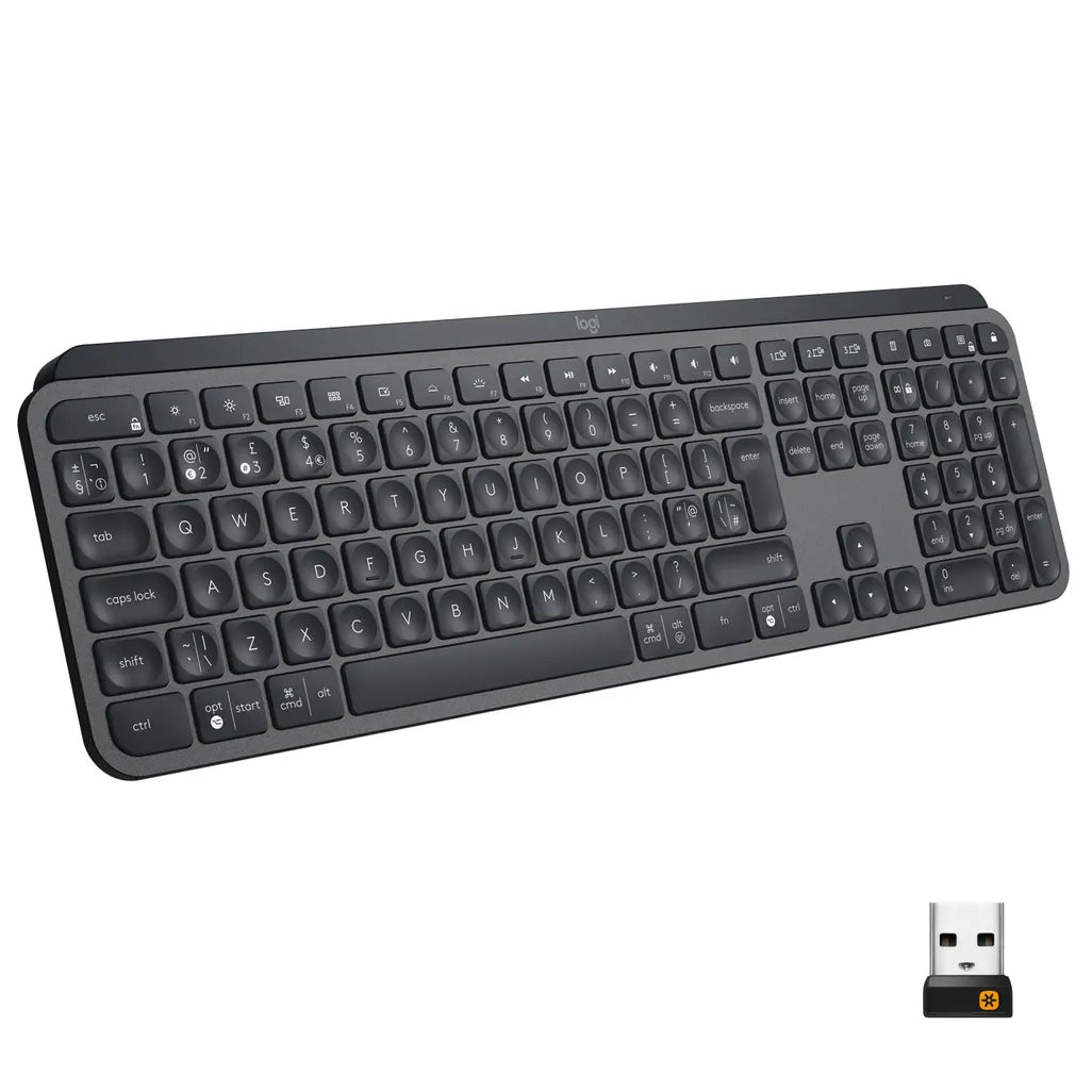 Logitech MX Keys Advanced Wireless Illuminated Keyboard, Full-size (100%), RF Wireless + Bluetooth, QWERTY, Graphite