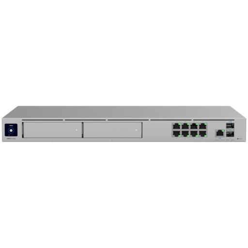 Ubiquiti rack-mount Cloud Gateway with 10 Gbps performance, multi-WAN load balancing, and two NVR drive bays designed for large-scale, multi-application UniFi sites.