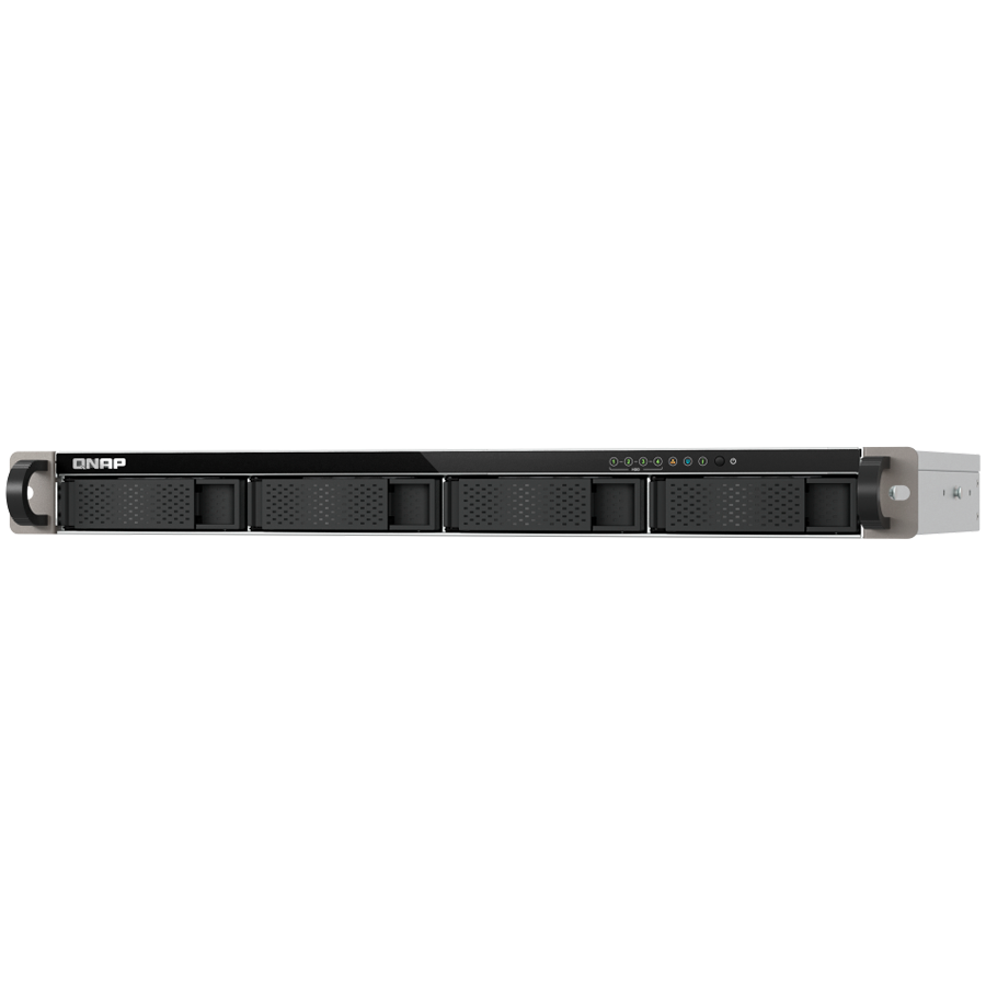 QNAP 4-Bay quad-core 2.0 GHz short-depth 1U rackmount NAS with 100W power supply, 4GB RAM (not expandable), SATA 6Gb/s, 2 x 2.5 GbE LAN, Container Station