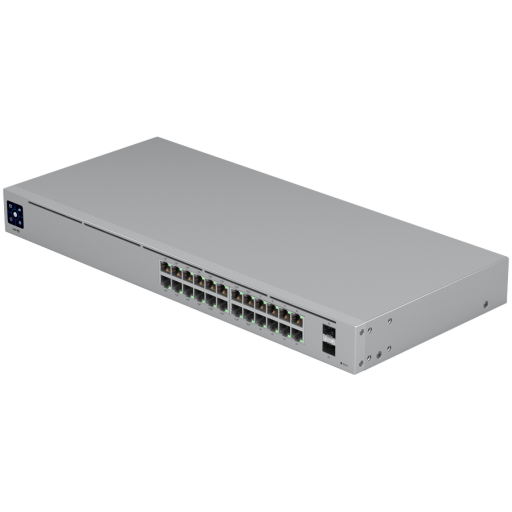 UBIQUITI Standard 24 PoE; (16) GbE PoE+, (8) GbE ports; (2) 1G SFP ports; 95W total PoE availability; Fanless, silent cooling.