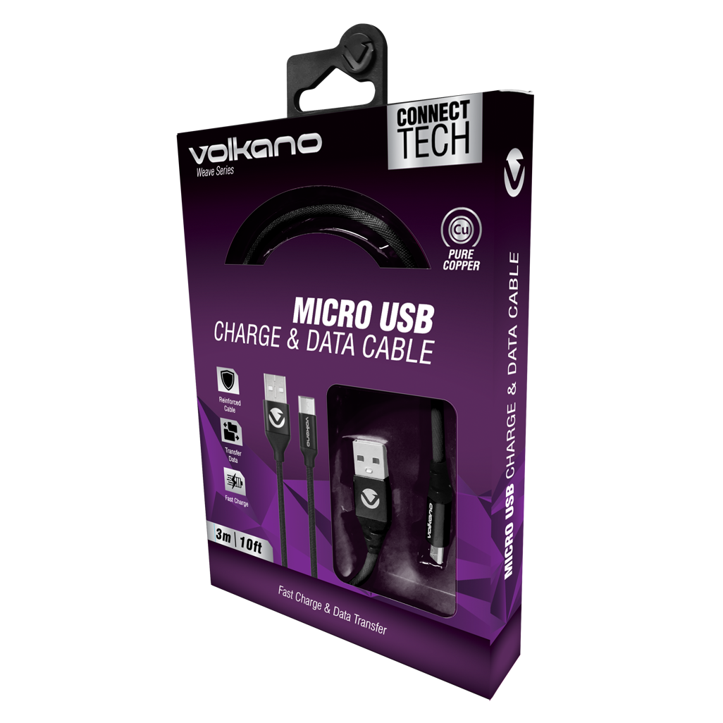 Volkano Weave Series Fabric Braided Micro-USB Cable 3m - Black
