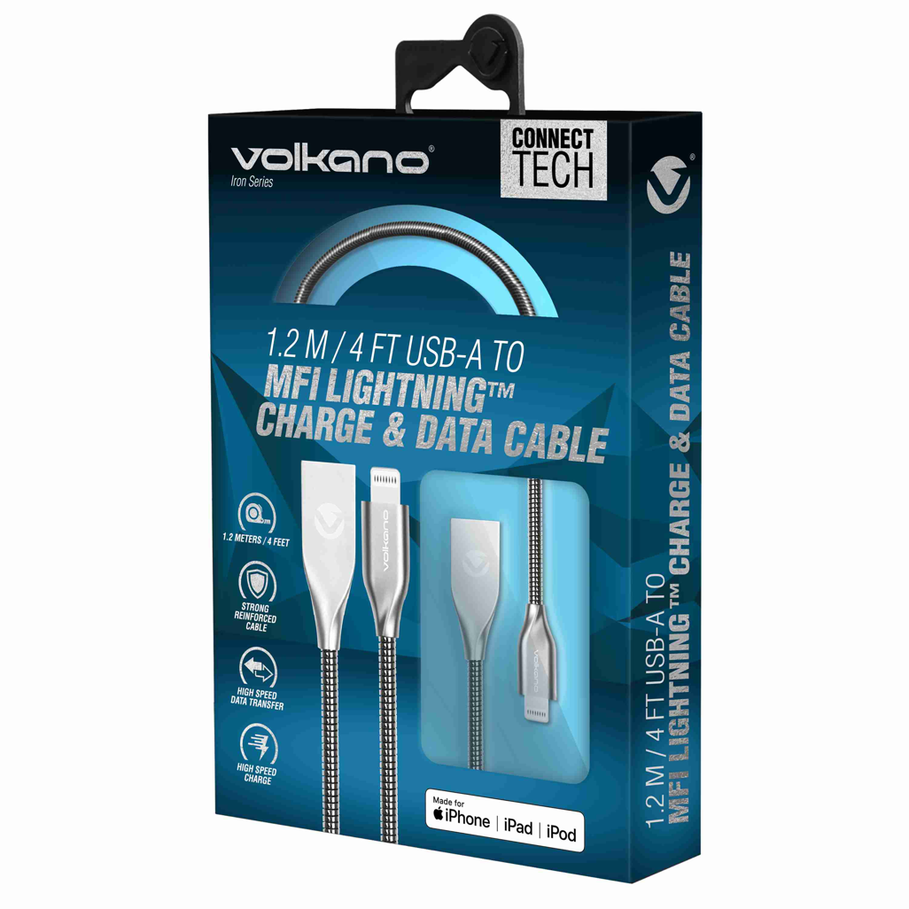 Volkano Iron Series Round Metallic Spring MFI Lightning Cable 1.2m - Silver