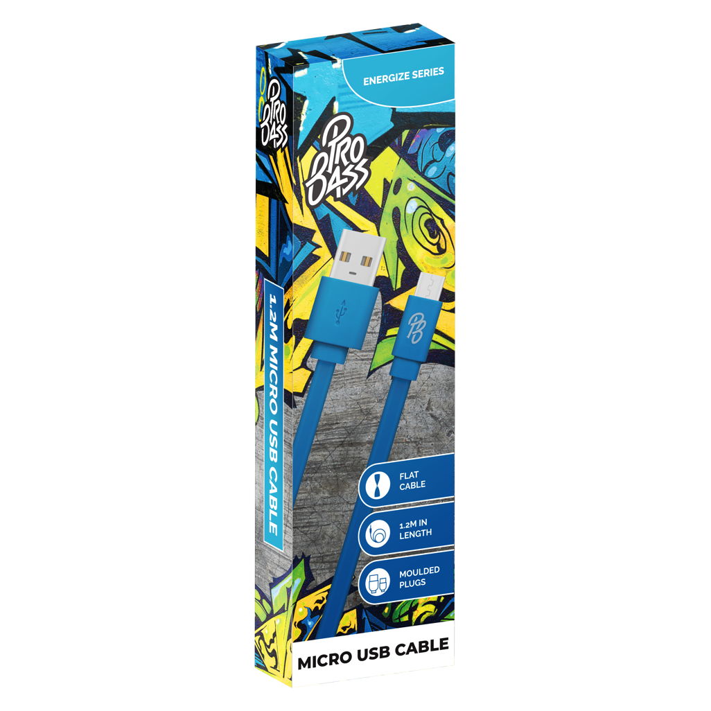 Pro Bass Energize Series Packaged Micro USB Cable - Blue 1.2m