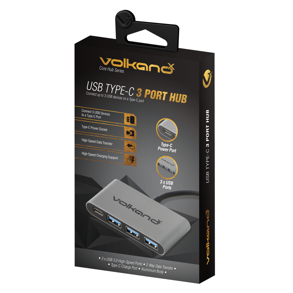 VolkanoX Core Hub series USB Type C to 3x USB 3.0 plus Power - 10cm - Charcoal