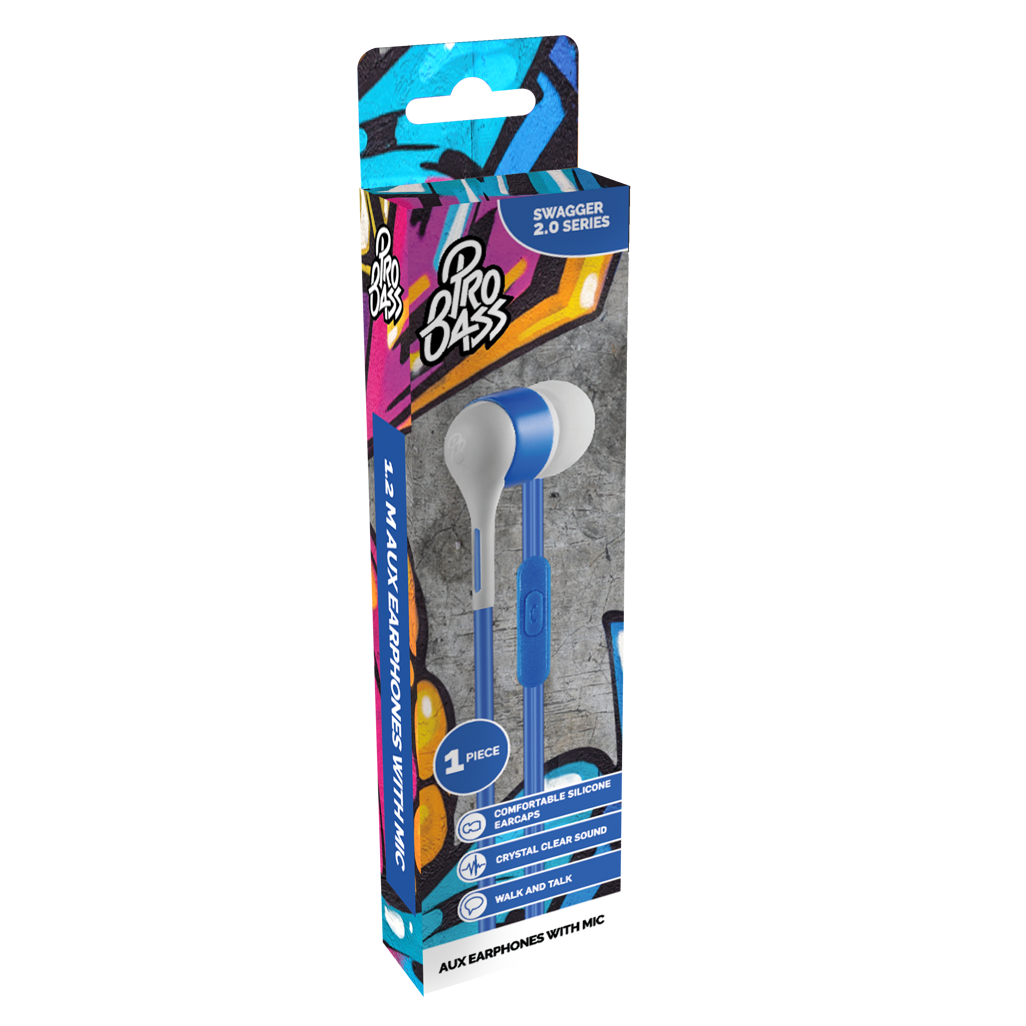 Pro Bass Swagger 2.0 Series - Boxed Auxiliary Earphone with Mic - Blue