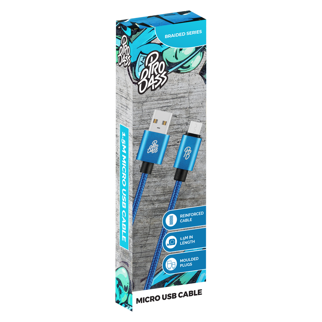 Pro Bass Braided Series Micro USB Cable - Blue 1.5m