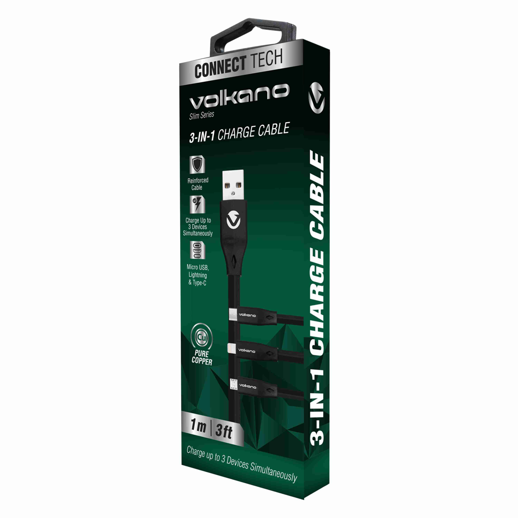 Volkano Slim Series Flat PVC 3-in-1 (Type-C / Lightning / Micro) Cable 1m - Black