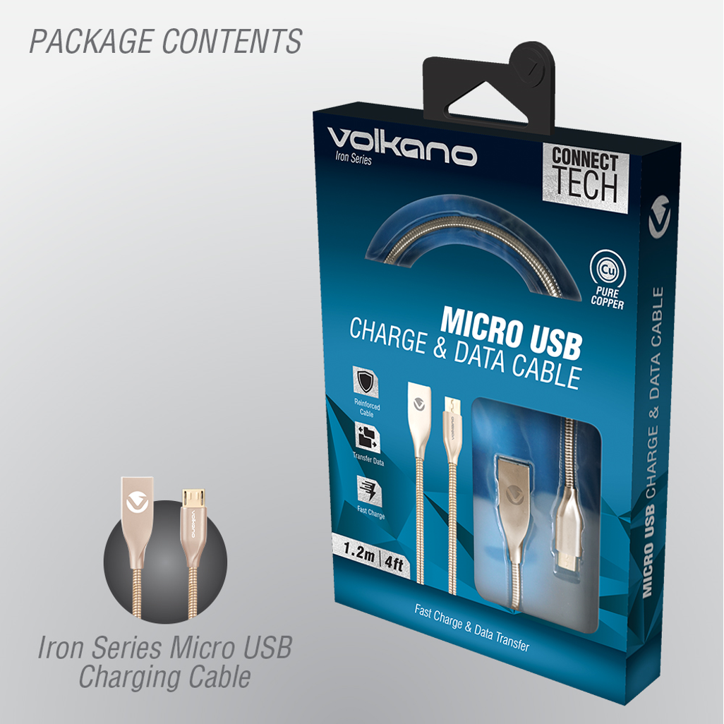 Volkano Iron Series Round Metallic Spring Micro USB Cable 1.2m - Champagne Gold