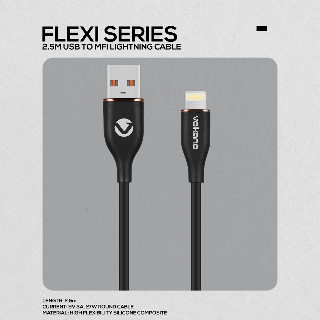 Volkano Flexi Series USB to MFI Lightning 2.5m 27w - Black