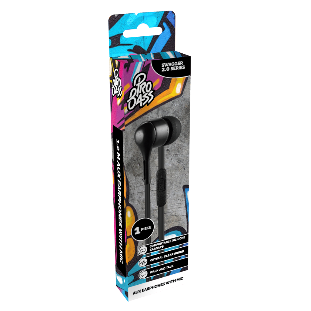 Pro Bass Swagger 2.0 Series - Boxed Auxiliary Earphone with Mic - Black