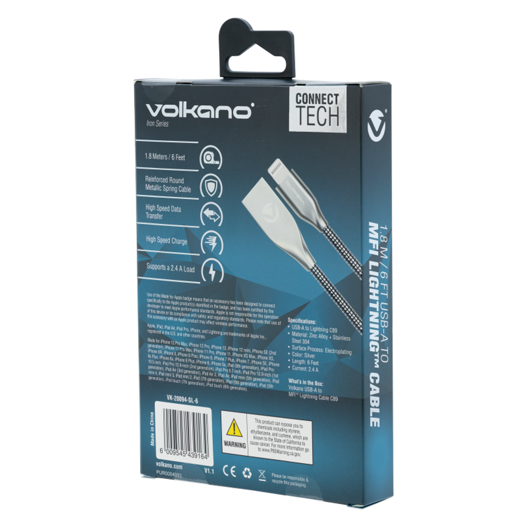 Volkano Iron Series Round Metallic Spring MFI Lightning Cable 6ft - Silver