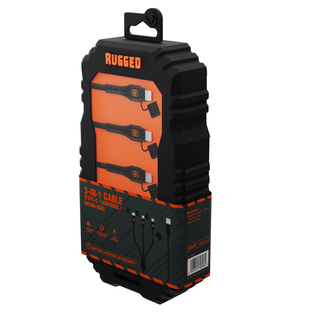 Rugged by Volkano Water- and Dust-Proof USB to 3-in-1 Cable - 1.2m