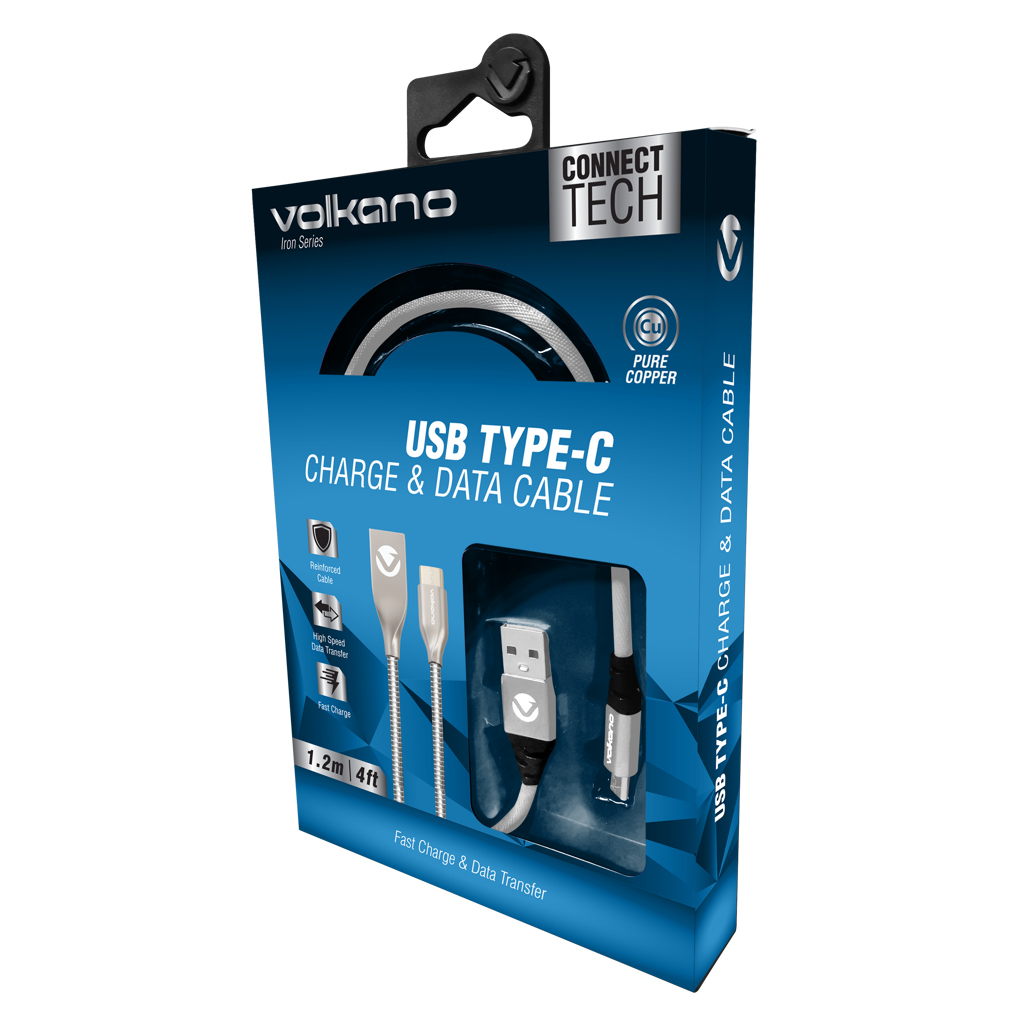 Volkano Iron Series Round Metallic Spring Type-C Cable 1.2m - Silver