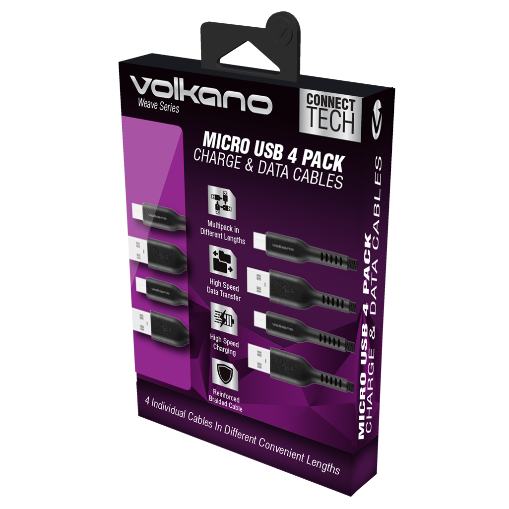 Volkano Weave Series Micro USB 4 Cable Pack - Black