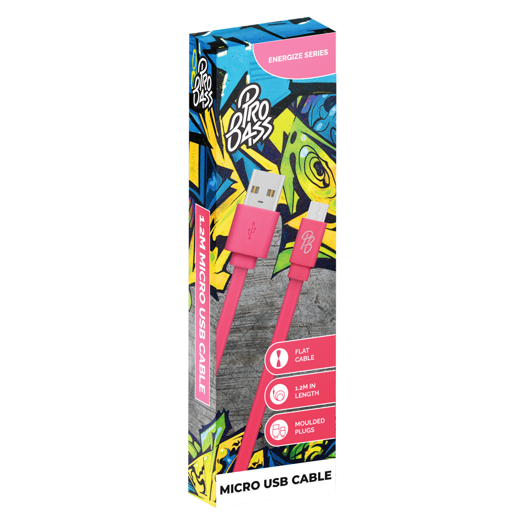 Pro Bass Energize Series Packaged Micro USB Cable - Pastel Pink 1.2m