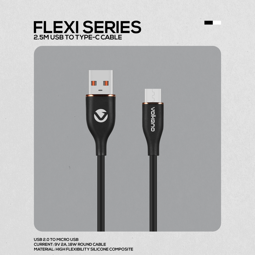 Volkano Flexi Series USB to Micro USB 2.5m 18w - Black