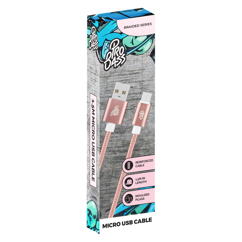 Pro Bass Braided Series Micro USB Cable - Pastel Pink 1.5m