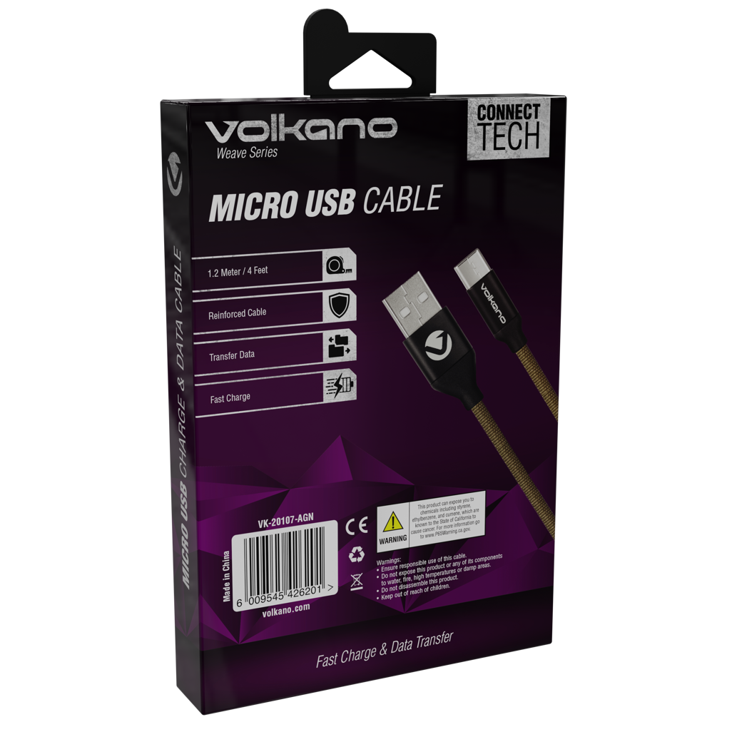 Volkano Weave Series Fabric Braided Micro USB Cable 1.2m - Army Green