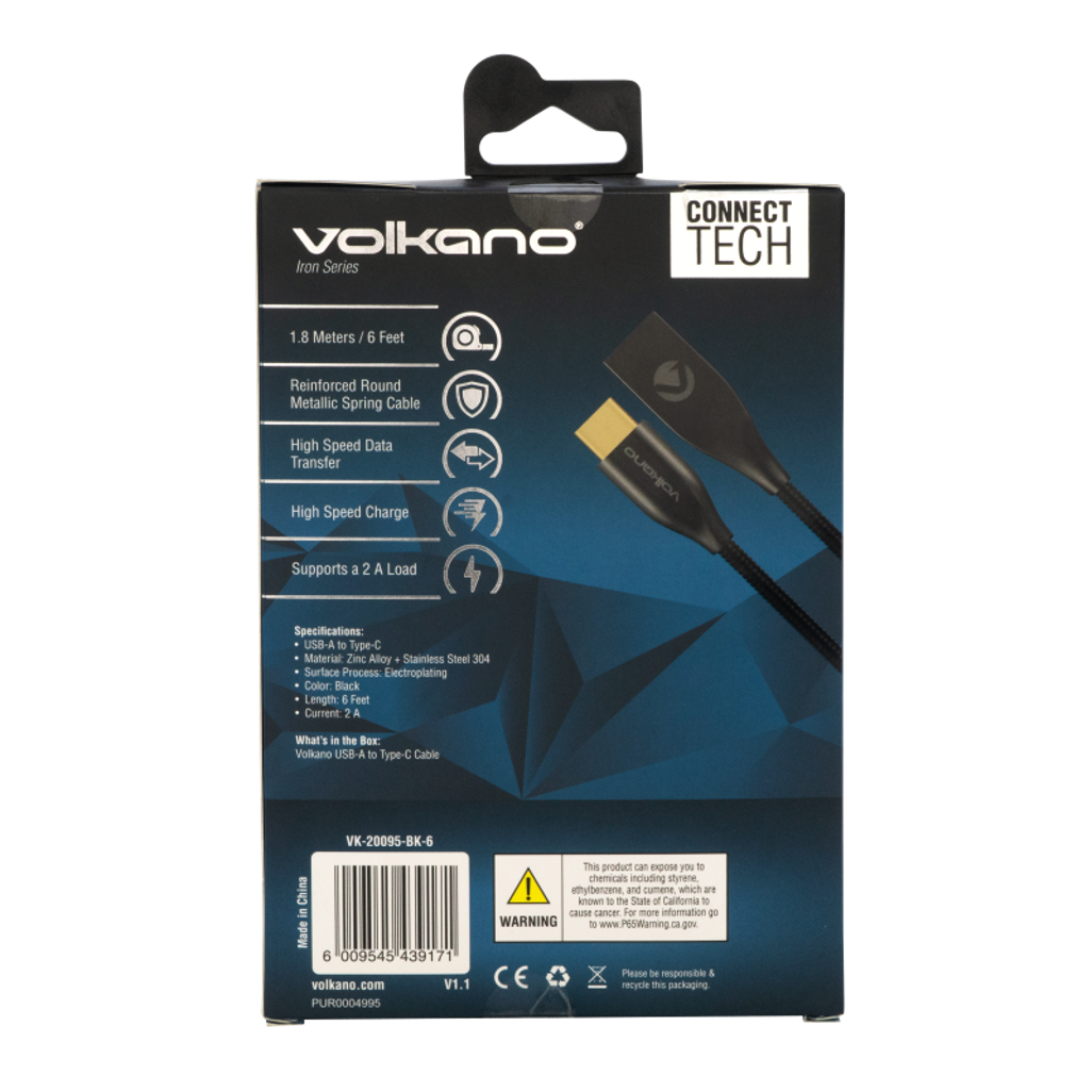 Volkano Iron Series Round Metallic Spring Type-C Cable 6ft - Black