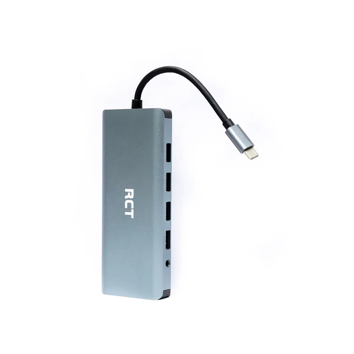 RCT compact 12-in-1 USB Type C hub with 2 HDMI; 1 VGA; 3 USB 3.0; 1 USB 2.0; 1 RJ45; PD100W; audio; SD & microSD card reader