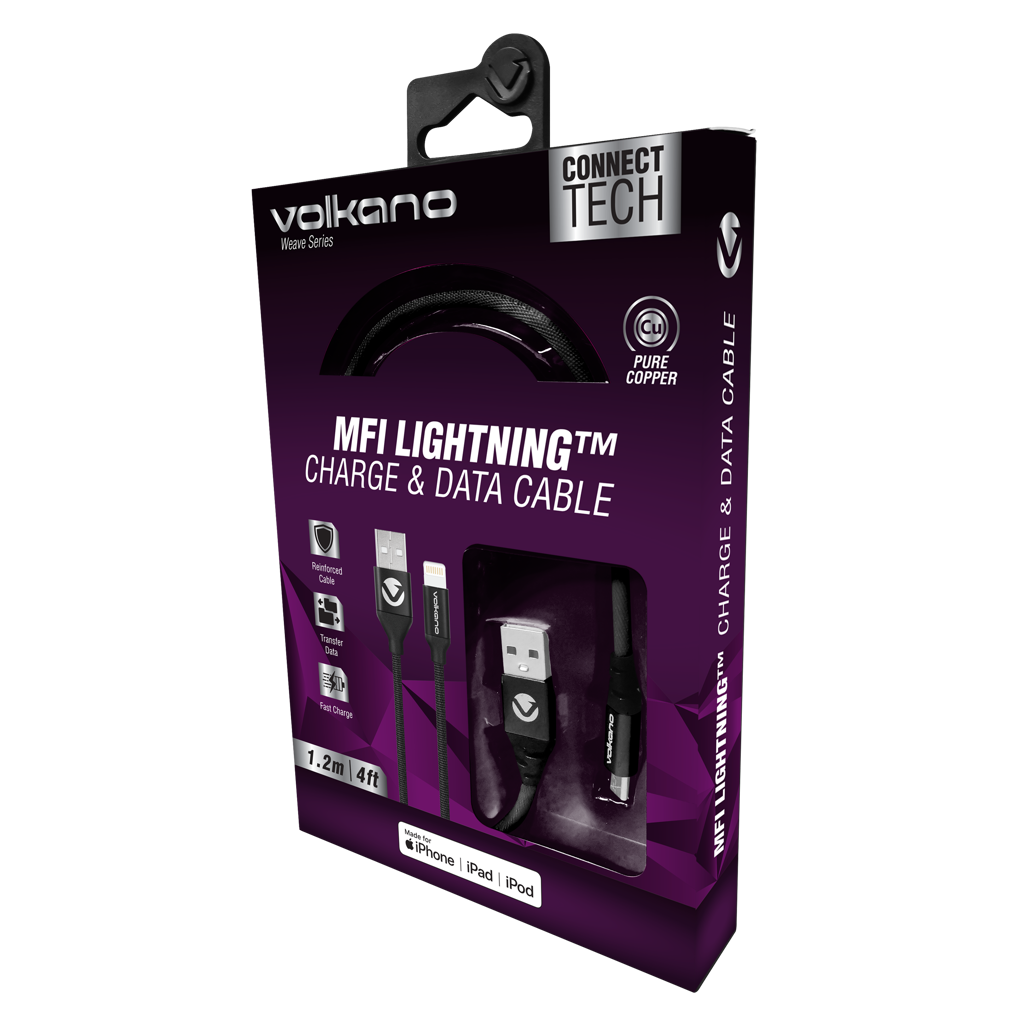 Volkano Weave Series Fabric Braided MFI Lightning Cable 1.2m - Black