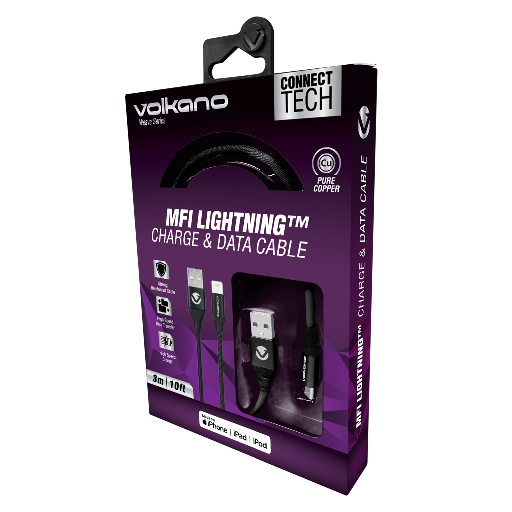 Volkano Weave Series Fabric Braided MFI Lightning Cable 3m - Black