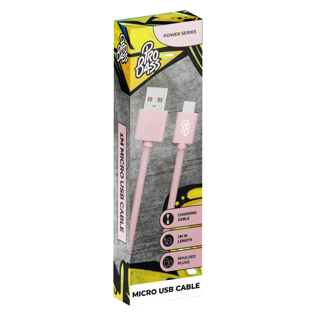 Pro Bass Power Series Boxed Round Micro USB Cable - Pastel Pink 1m