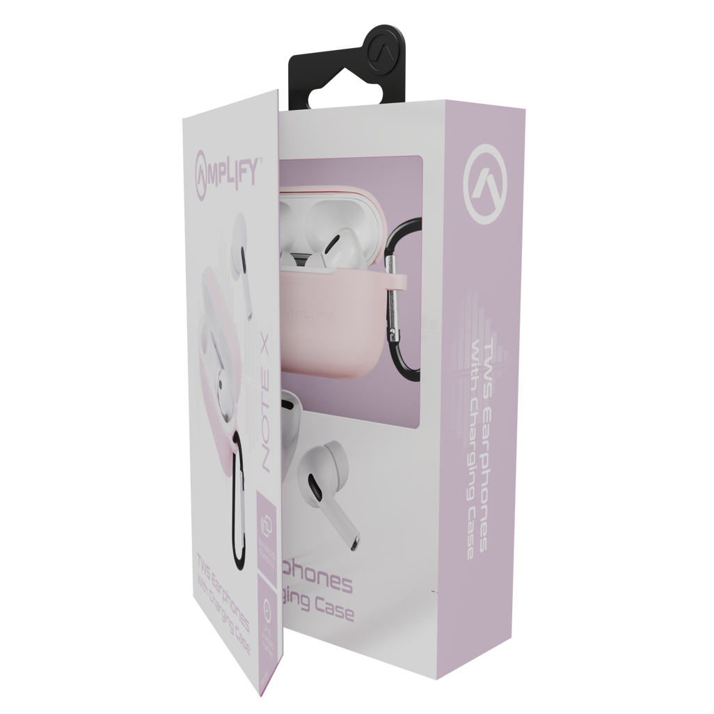 Amplify Note X Series TWS Earphones - White Case + Pink Cover