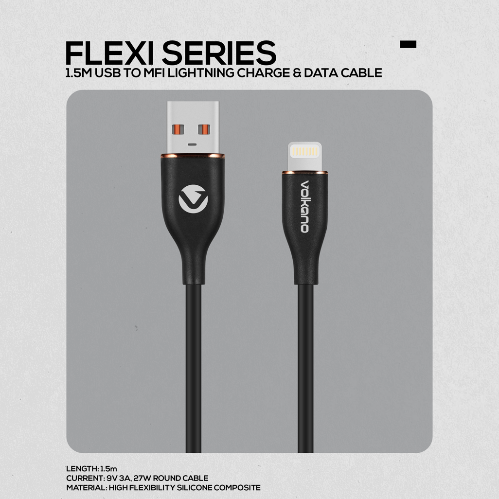 Volkano Flexi Series USB to MFI Lightning 1.5m 5v 2.4a 12w - Black