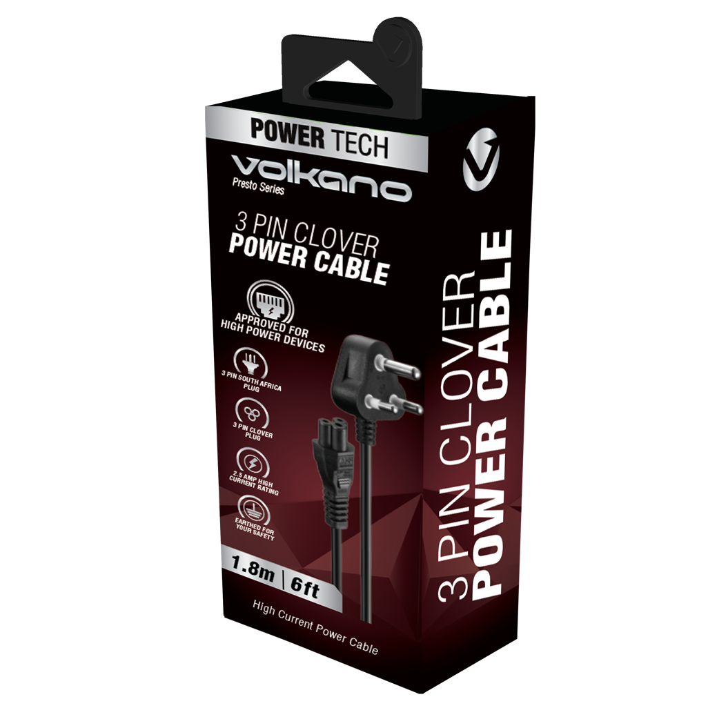 Volkano Presto Series Power Cable 3-Pin Clover to Type-M 1.8m 2.5a - Black