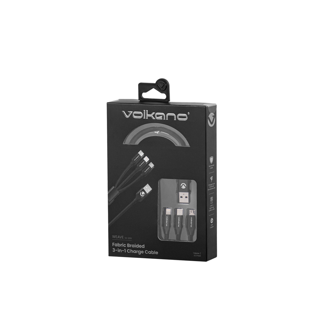 Volkano Weave Series Fabric Braided 3-in-1 (Type-C/Lightning/Micro) Cable 1m - Black