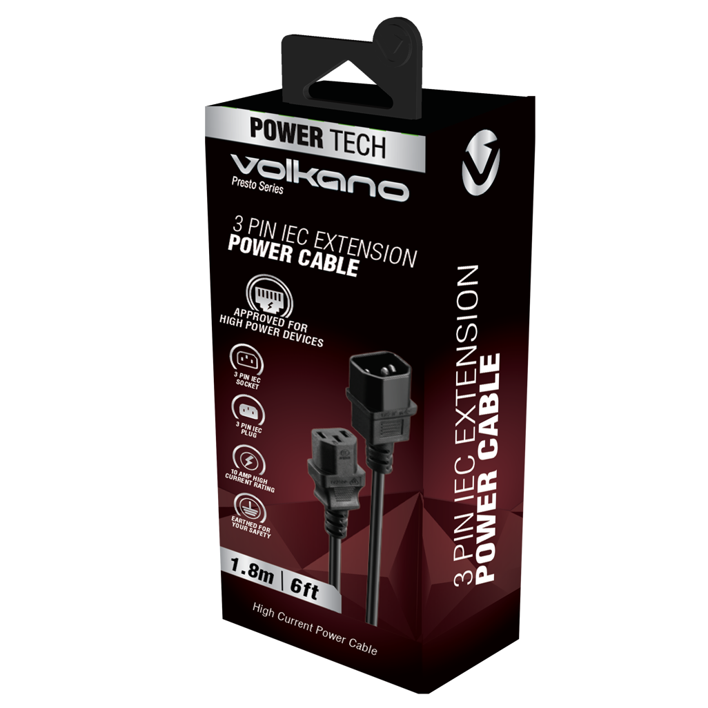 Volkano Presto Series Power Cable - 3 Pin IEC Extension 1.8m 10a - Black