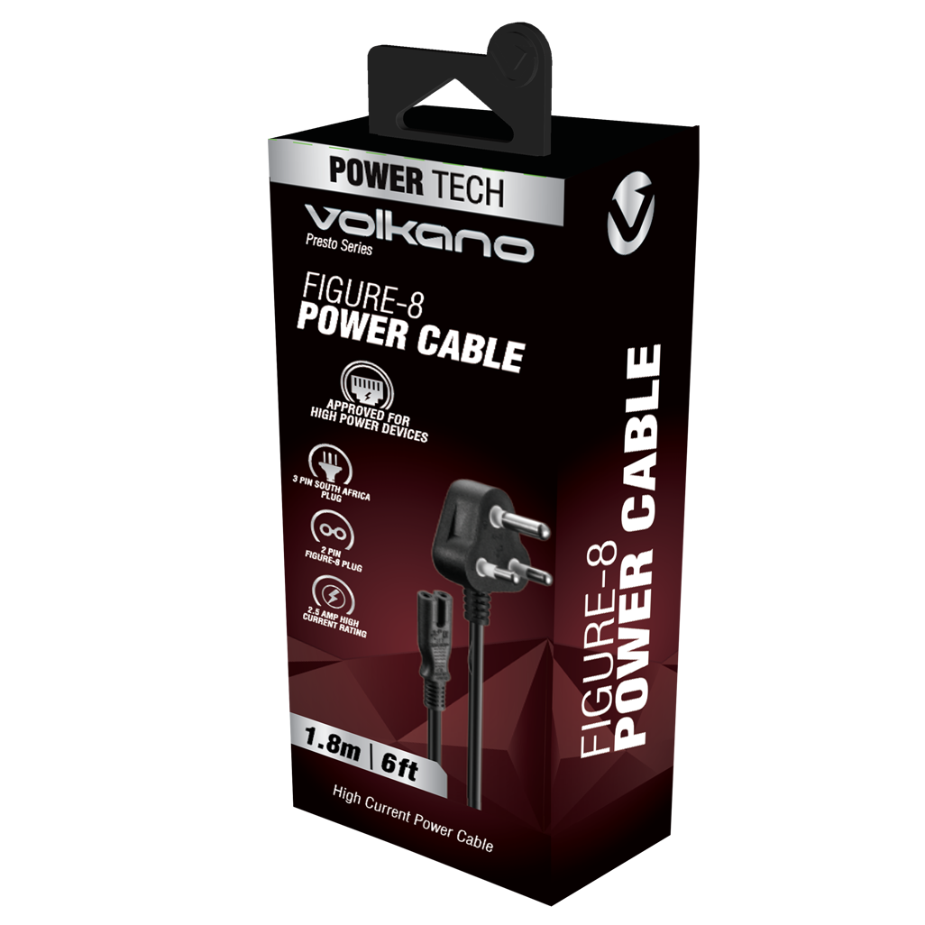Volkano Presto series Power Cable Figure 8  to SA 3pin 1.8m 2.5A - black