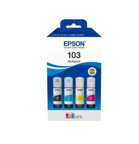 Epson 103 Ecotank 4-colour Multipack. Black 4500 pages; Colour 7500 pages @ 5% coverage each.