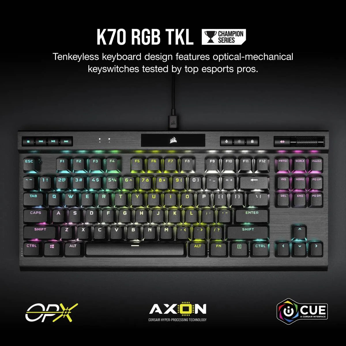 Corsair K70 RGB TKL Optical-Mechanical Gaming Keyboard; Backlit RGB LED; CORSAIR OPX Keyswitches; Black - image 2