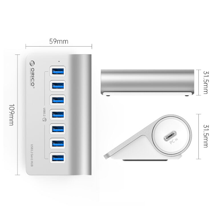 ORICO Aluminum Alloy 7 Port USB Hub | 7x USB 3.2 Type-A | Type-A to Type-C (90 Degree Type-C | 1m