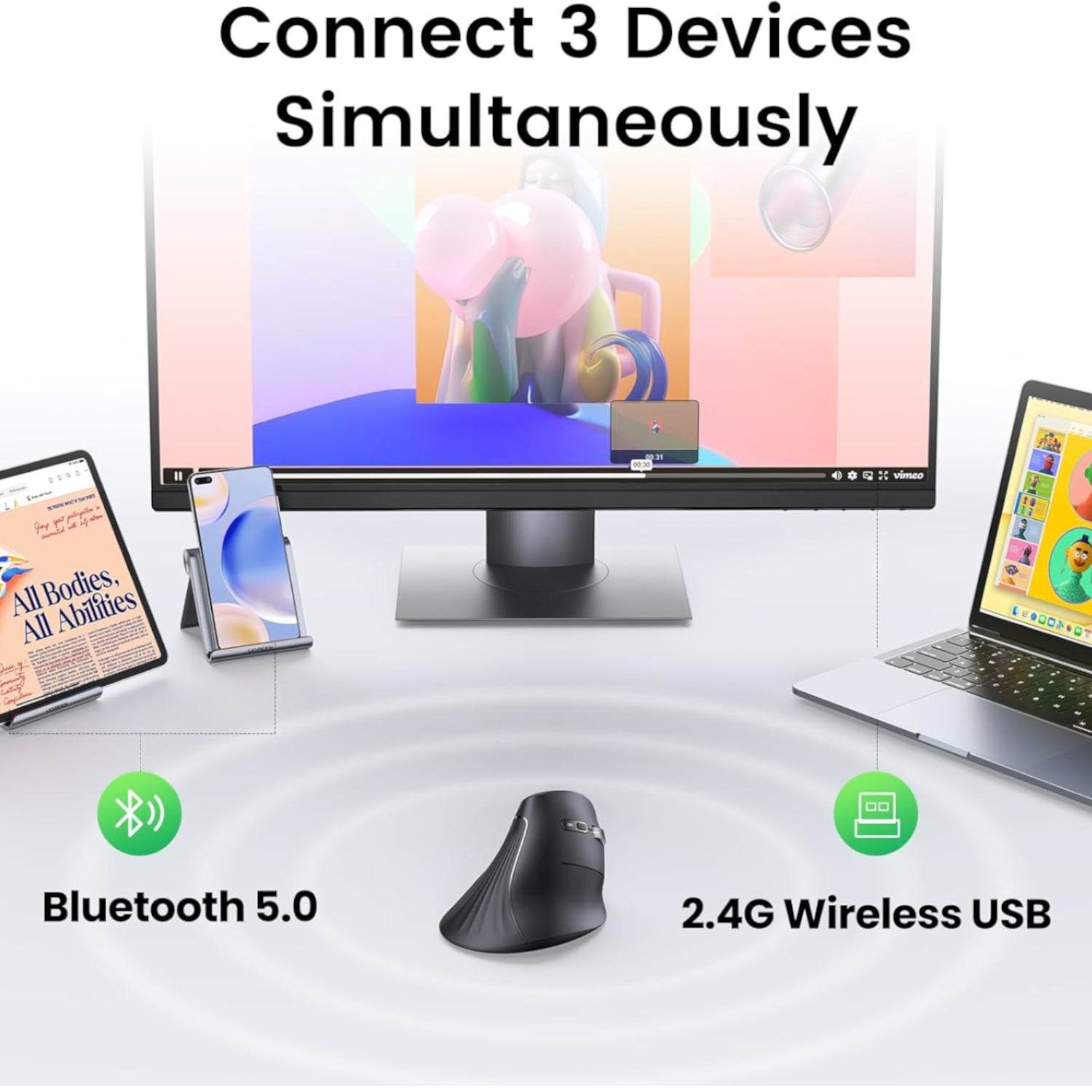 UGREEN Multi-Mode Vertical Mouse Bluetooth and 2.4G Wireless–Black – image 5