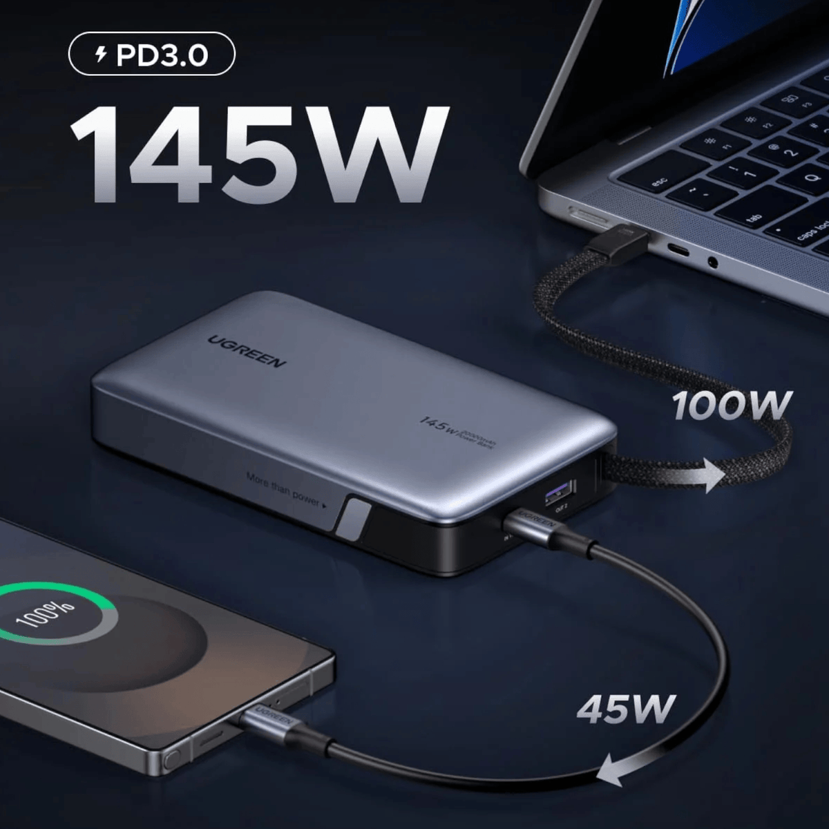 UGREEN Nexode 145W 20000mAh Power Bank with built-in USB Type-C Cable – image 2