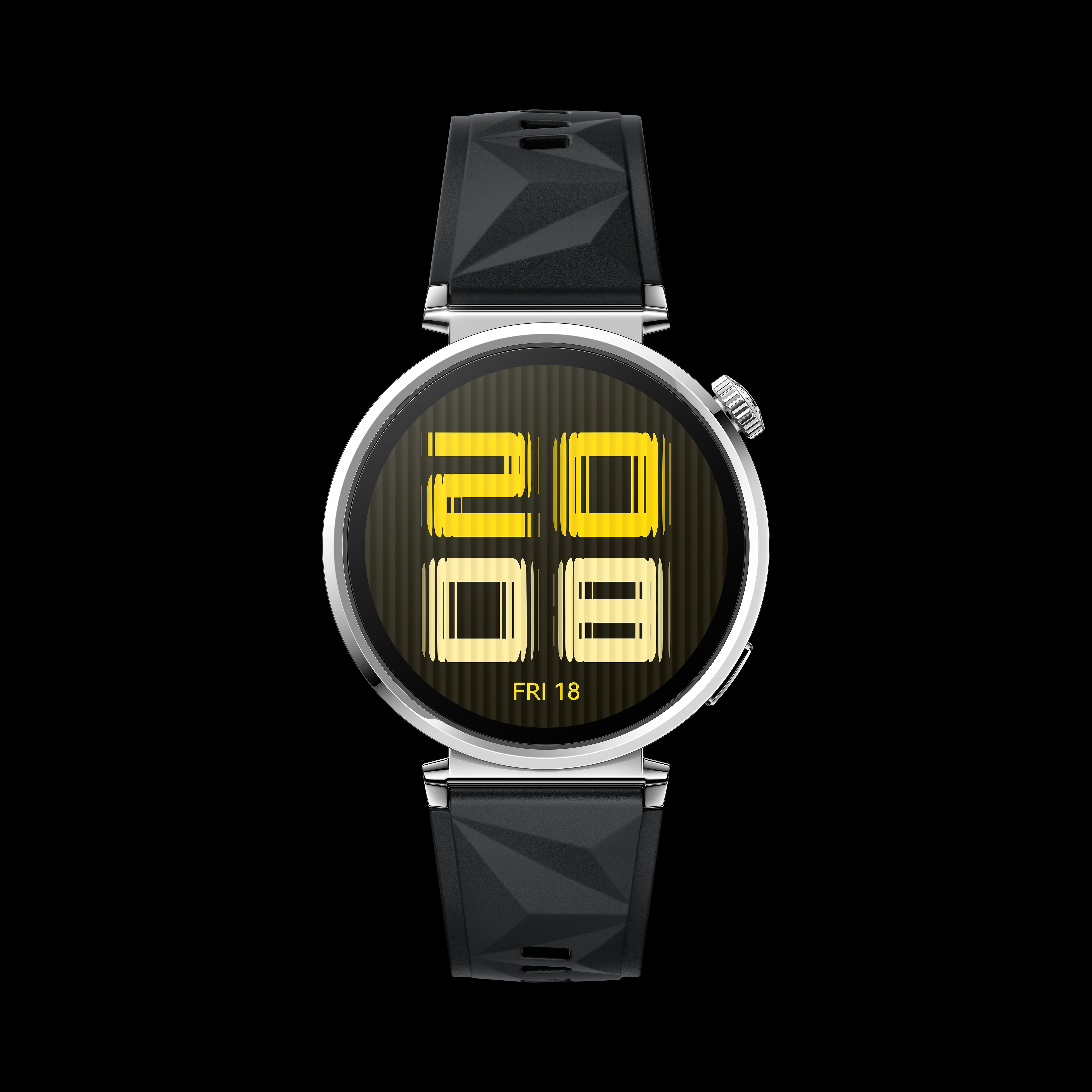 41mm/1.32inch AMOLED / Black Fluoroelastomer Strap.Front case:Silver stainless steel. 323 mAh IP68